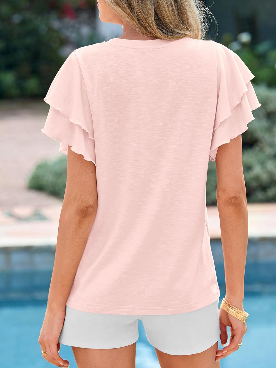 imageBTFBM Summer Tops for Women 2026 Crew Neck Ruffle Short Sleeve Shirts Loose Tunic Casual Spring BlousesPink