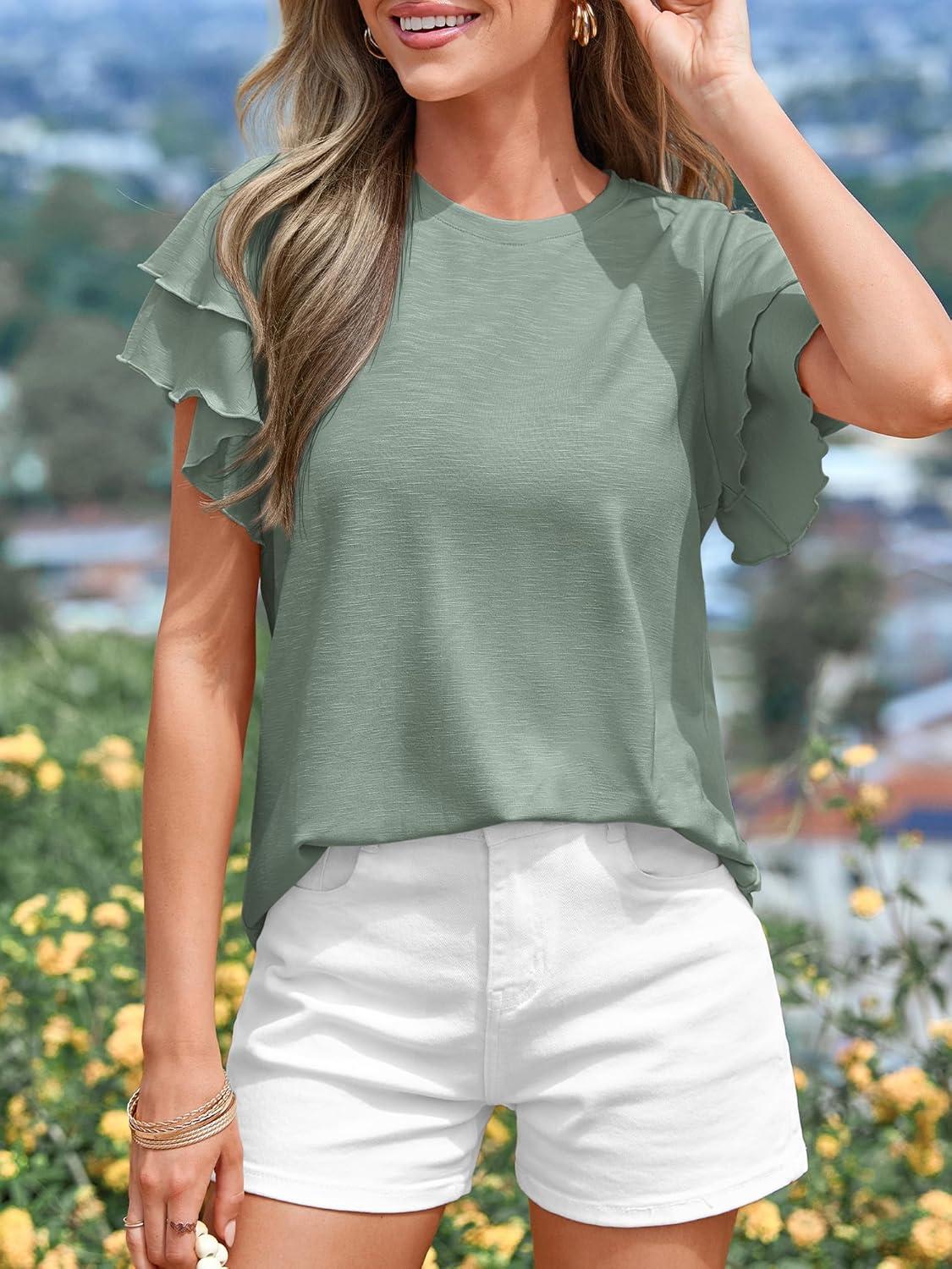 imageBTFBM Summer Tops for Women 2026 Crew Neck Ruffle Short Sleeve Shirts Loose Tunic Casual Spring BlousesSage Green