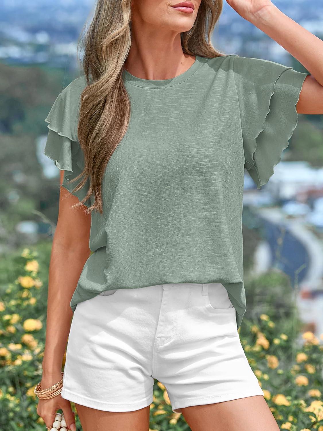 imageBTFBM Summer Tops for Women 2026 Crew Neck Ruffle Short Sleeve Shirts Loose Tunic Casual Spring BlousesSage Green