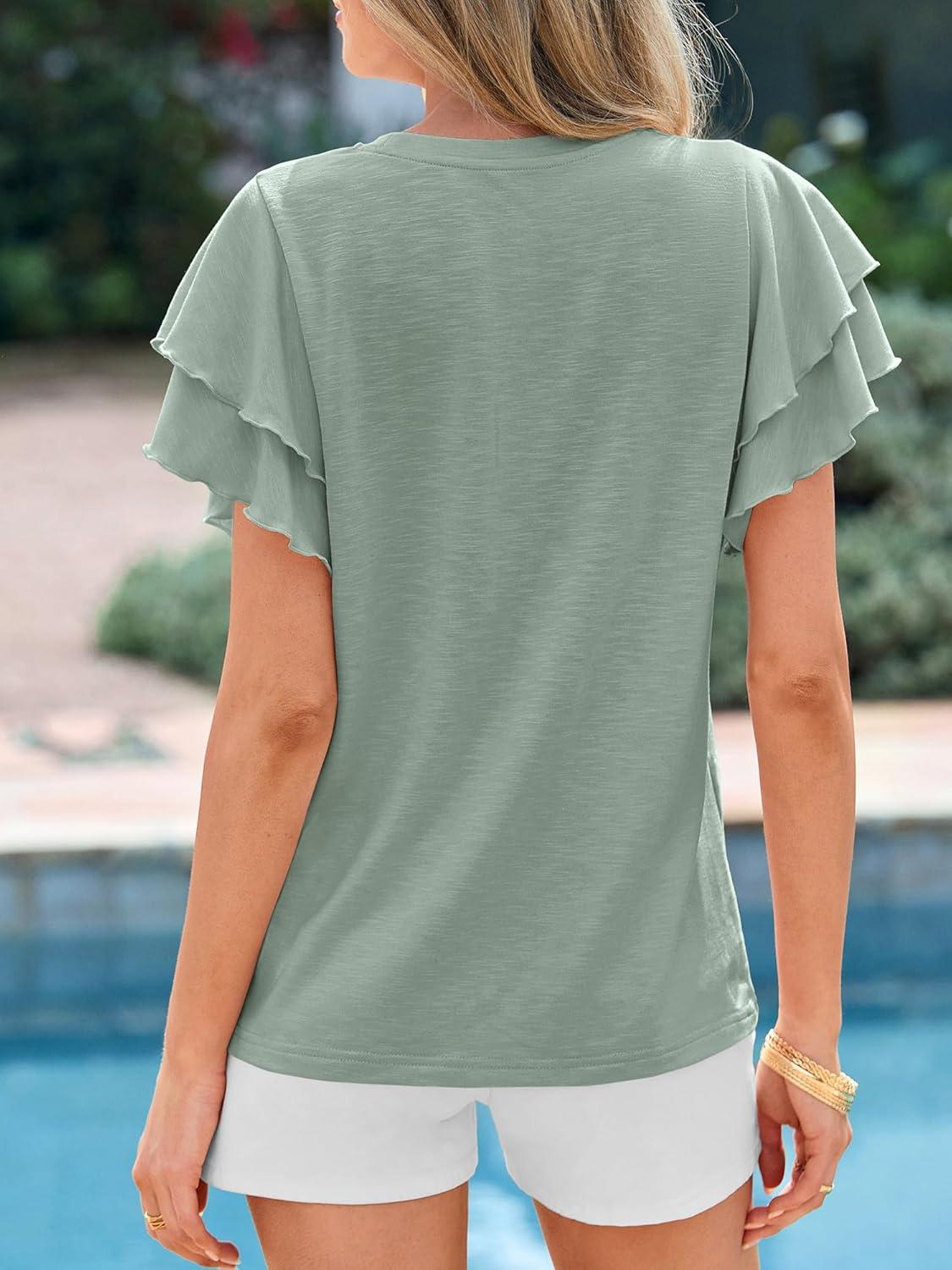 imageBTFBM Summer Tops for Women 2026 Crew Neck Ruffle Short Sleeve Shirts Loose Tunic Casual Spring BlousesSage Green