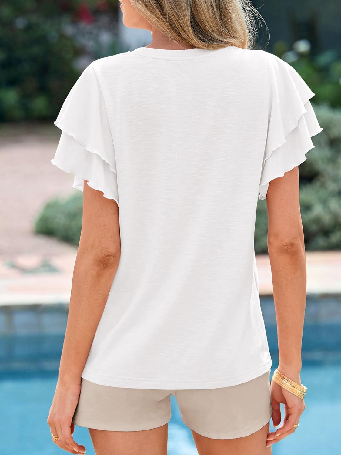 imageBTFBM Summer Tops for Women 2026 Crew Neck Ruffle Short Sleeve Shirts Loose Tunic Casual Spring BlousesWhite