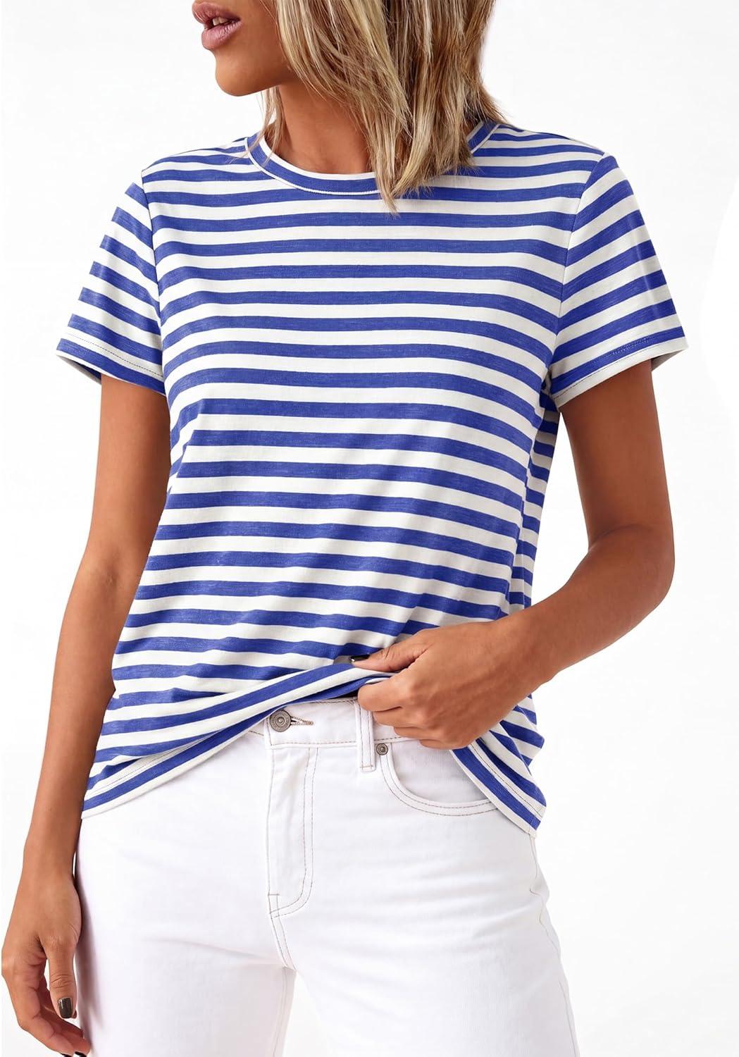 imageBTFBM Tops for Women Trendy Summer 2026 Crew Neck Short Sleeve T Shirts Striped Casual Vacation Blouse Loose Basic TeeBlue White