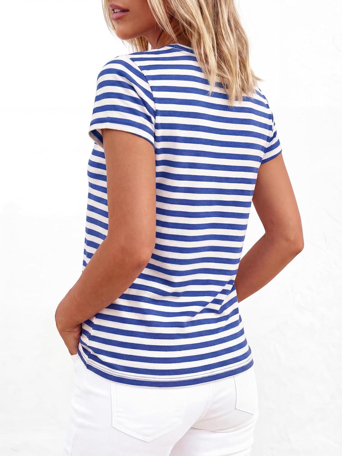 imageBTFBM Tops for Women Trendy Summer 2026 Crew Neck Short Sleeve T Shirts Striped Casual Vacation Blouse Loose Basic TeeBlue White