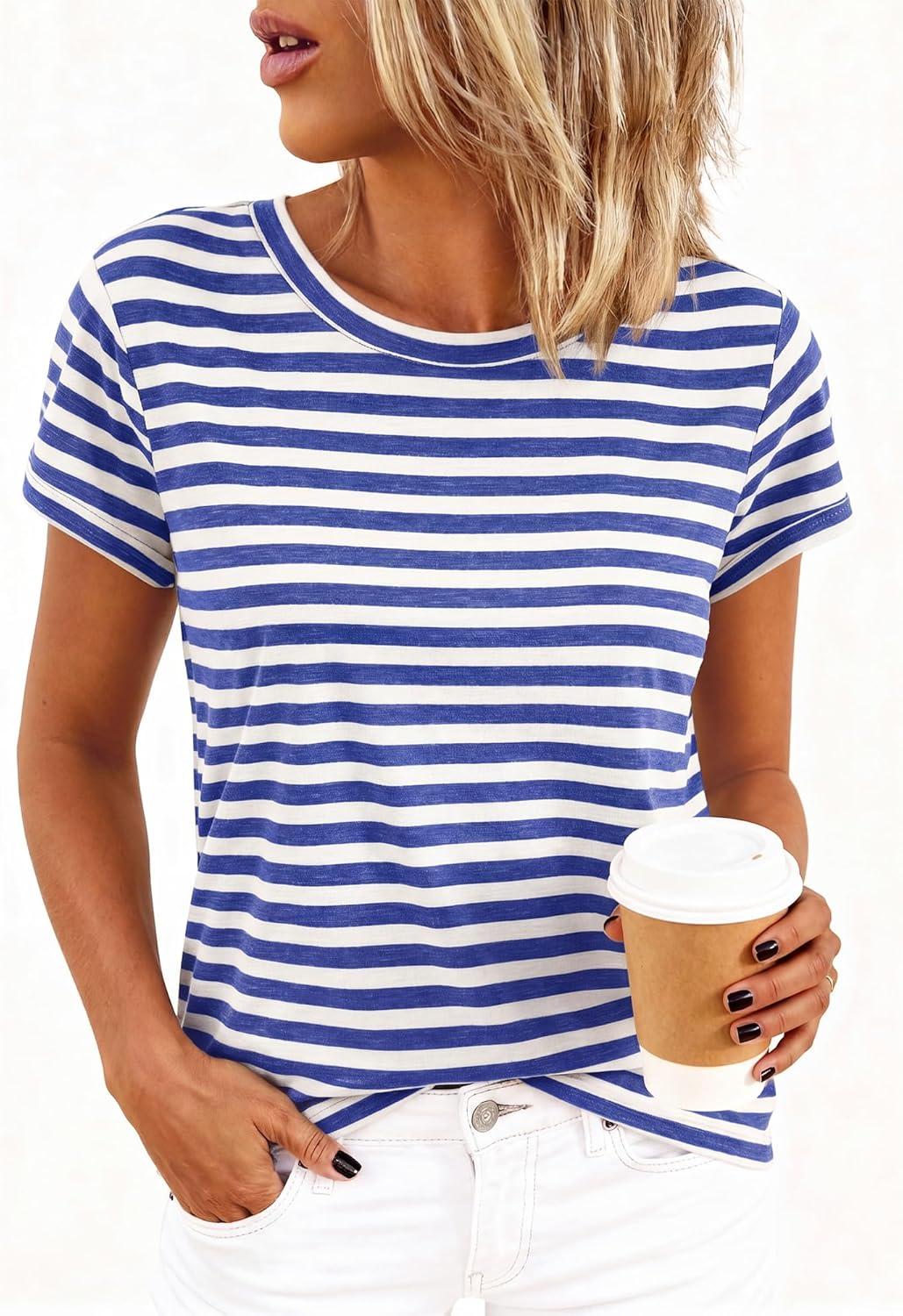 imageBTFBM Tops for Women Trendy Summer 2026 Crew Neck Short Sleeve T Shirts Striped Casual Vacation Blouse Loose Basic TeeBlue White