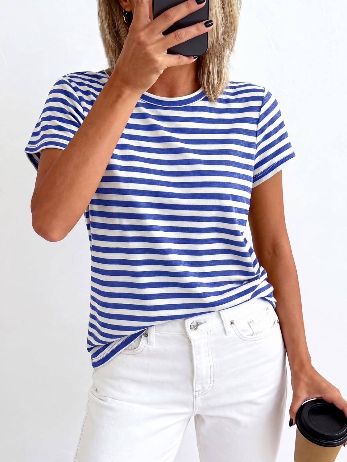 imageBTFBM Tops for Women Trendy Summer 2026 Crew Neck Short Sleeve T Shirts Striped Casual Vacation Blouse Loose Basic TeeBlue White