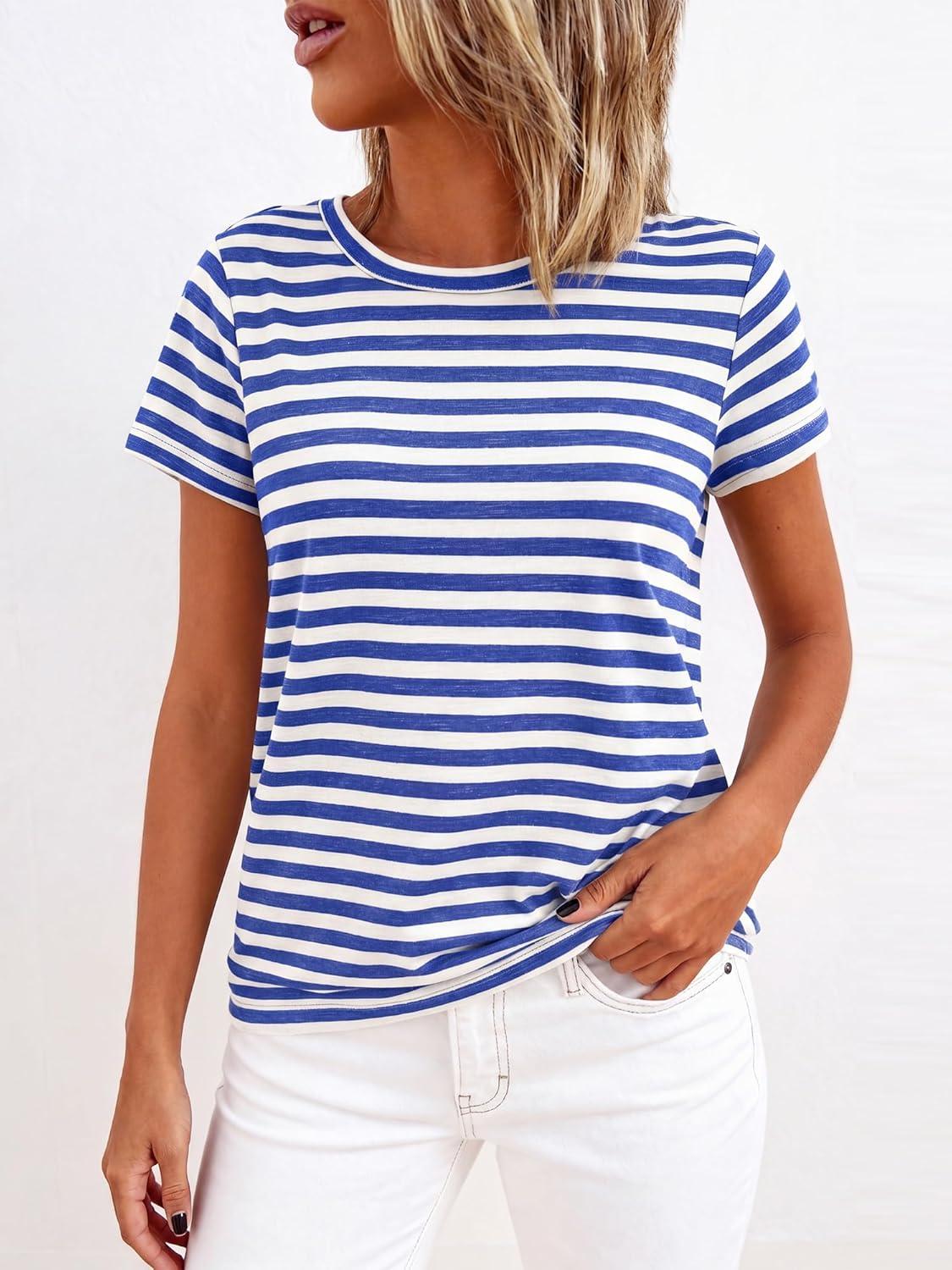 imageBTFBM Tops for Women Trendy Summer 2026 Crew Neck Short Sleeve T Shirts Striped Casual Vacation Blouse Loose Basic TeeBlue White
