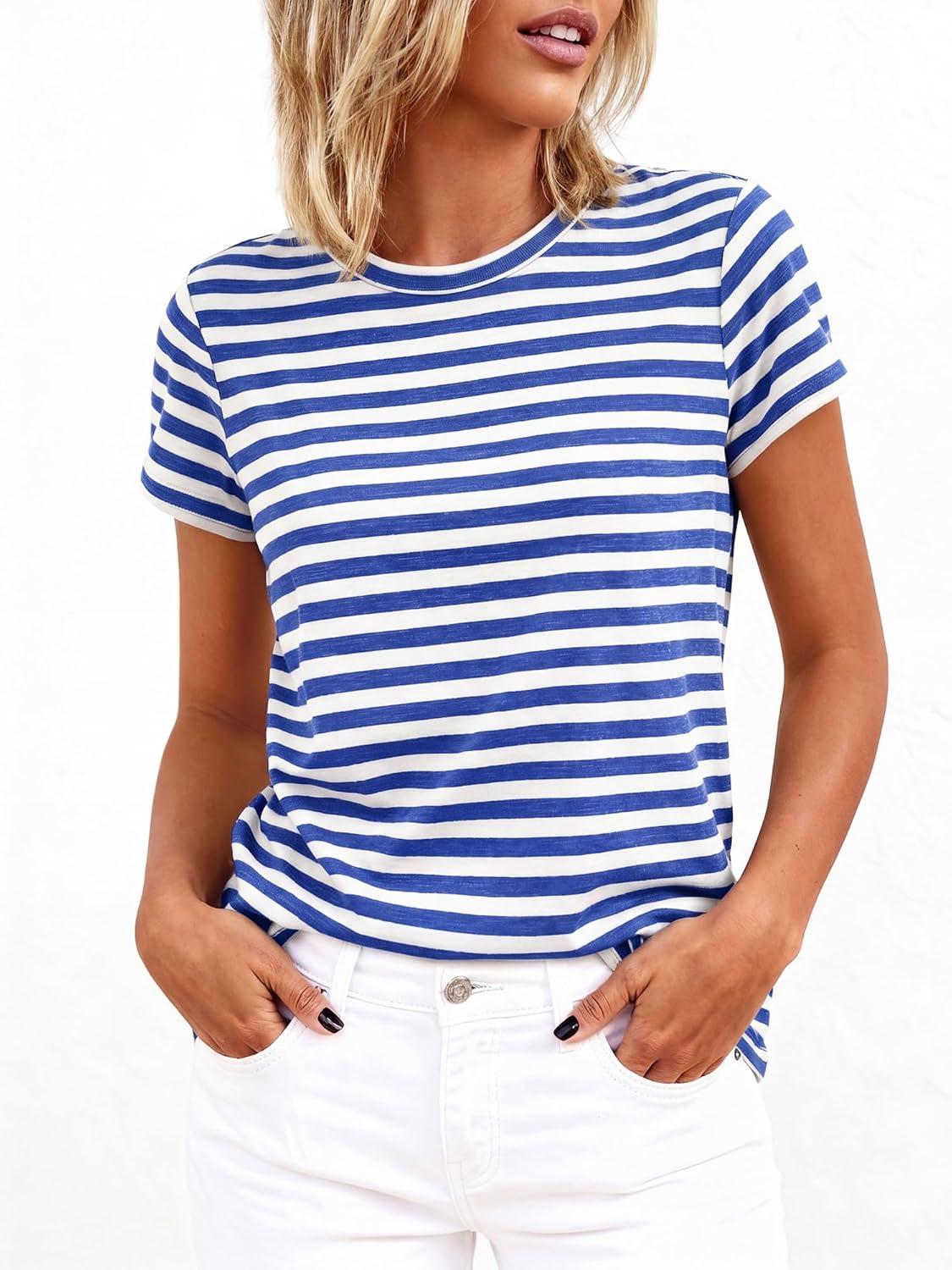 imageBTFBM Tops for Women Trendy Summer 2026 Crew Neck Short Sleeve T Shirts Striped Casual Vacation Blouse Loose Basic TeeBlue White