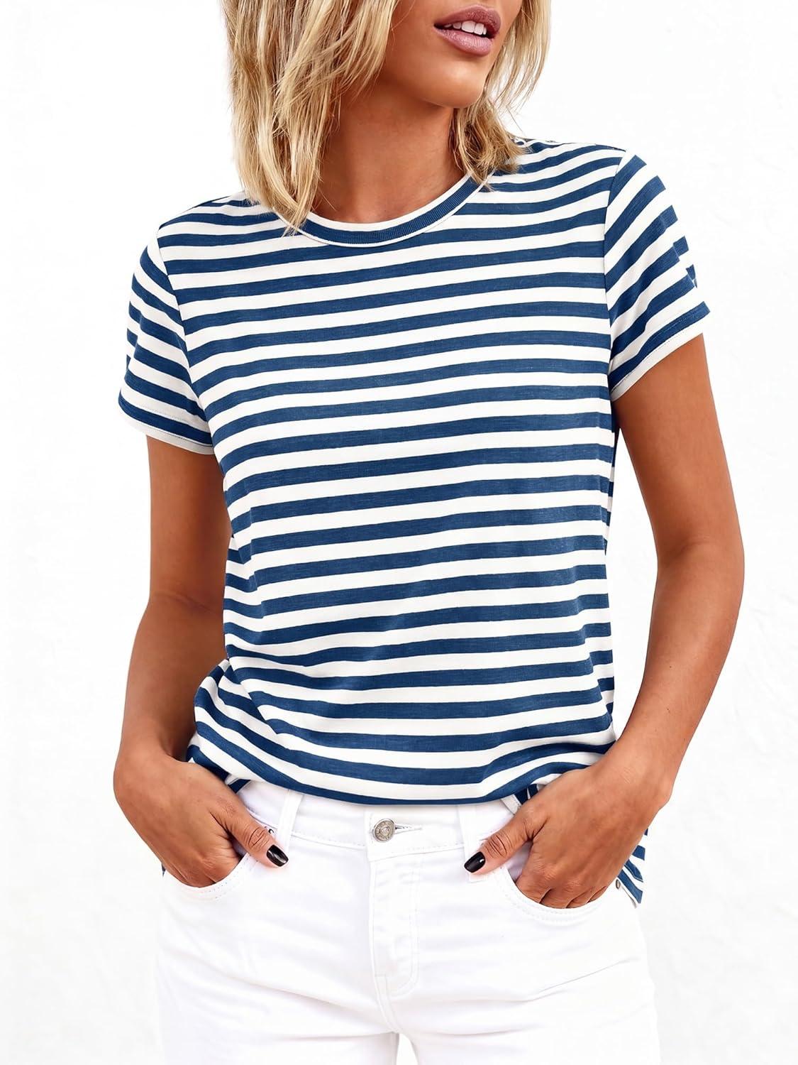 imageBTFBM Tops for Women Trendy Summer 2026 Crew Neck Short Sleeve T Shirts Striped Casual Vacation Blouse Loose Basic TeeDark Blue White