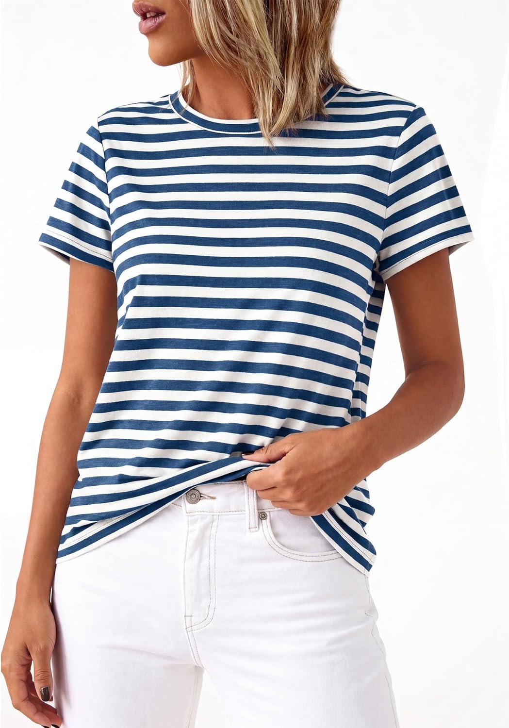 imageBTFBM Tops for Women Trendy Summer 2026 Crew Neck Short Sleeve T Shirts Striped Casual Vacation Blouse Loose Basic TeeDark Blue White