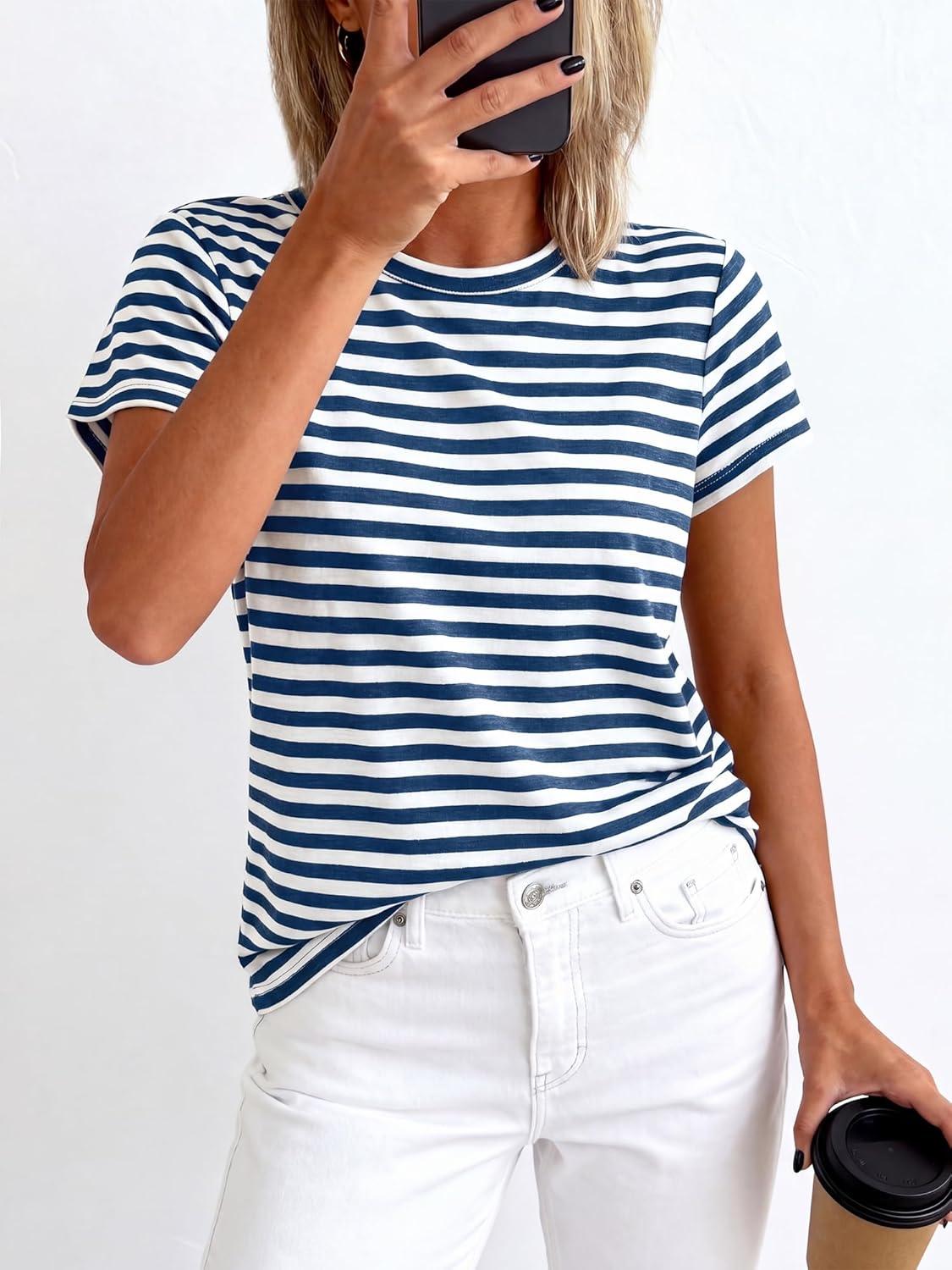 imageBTFBM Tops for Women Trendy Summer 2026 Crew Neck Short Sleeve T Shirts Striped Casual Vacation Blouse Loose Basic TeeDark Blue White