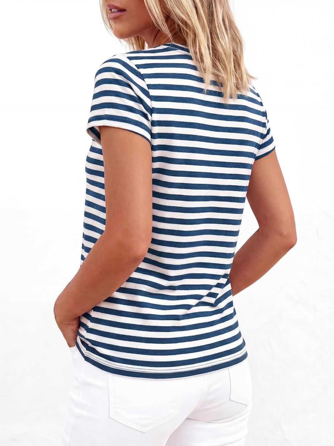 imageBTFBM Tops for Women Trendy Summer 2026 Crew Neck Short Sleeve T Shirts Striped Casual Vacation Blouse Loose Basic TeeDark Blue White