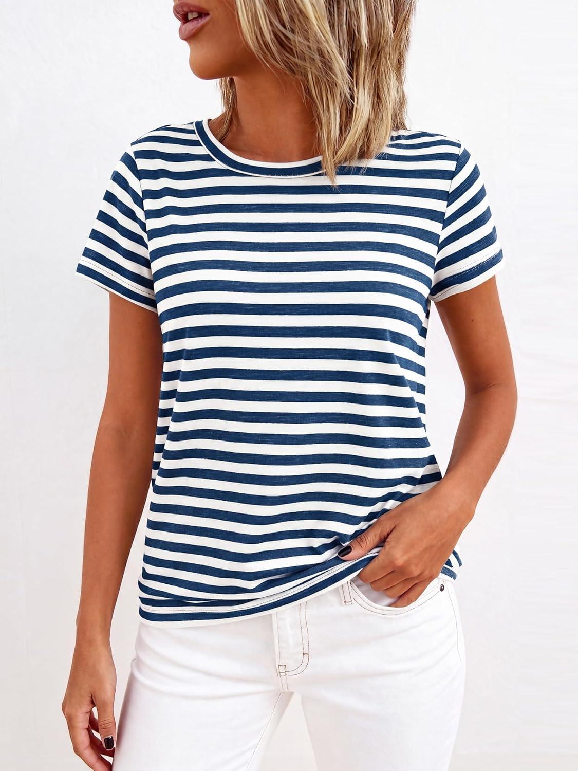 imageBTFBM Tops for Women Trendy Summer 2026 Crew Neck Short Sleeve T Shirts Striped Casual Vacation Blouse Loose Basic TeeDark Blue White
