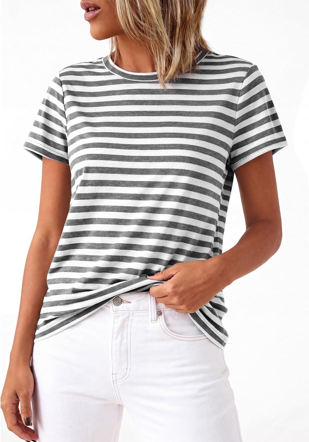 imageBTFBM Tops for Women Trendy Summer 2026 Crew Neck Short Sleeve T Shirts Striped Casual Vacation Blouse Loose Basic TeeGrey White