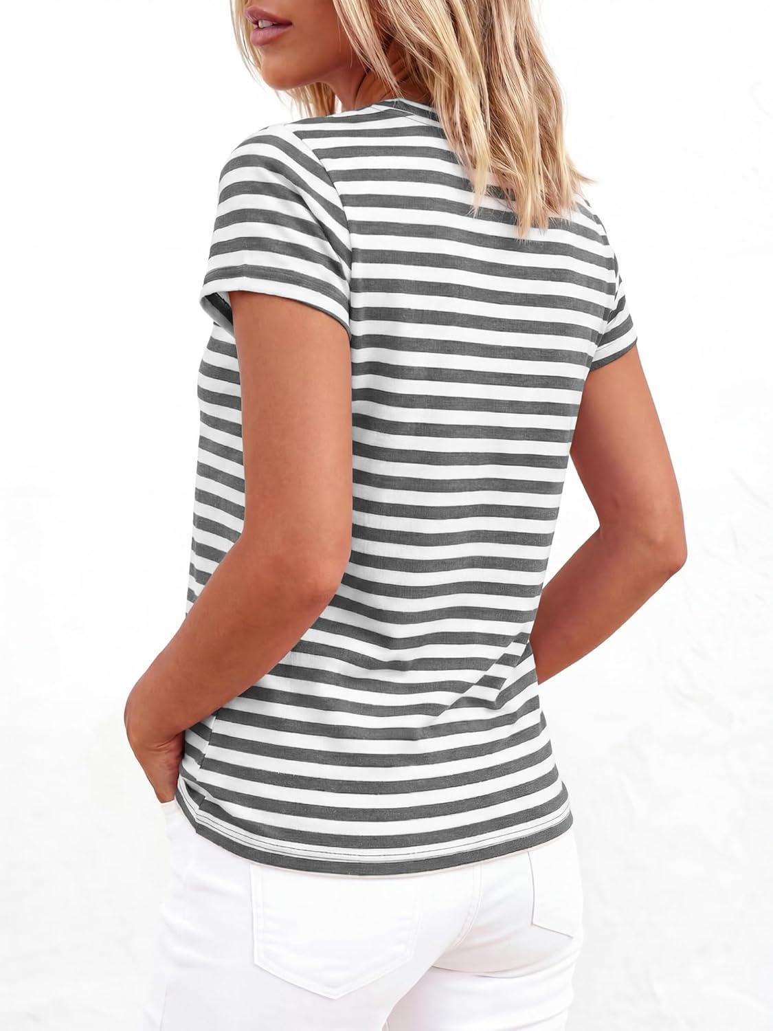 imageBTFBM Tops for Women Trendy Summer 2026 Crew Neck Short Sleeve T Shirts Striped Casual Vacation Blouse Loose Basic TeeGrey White