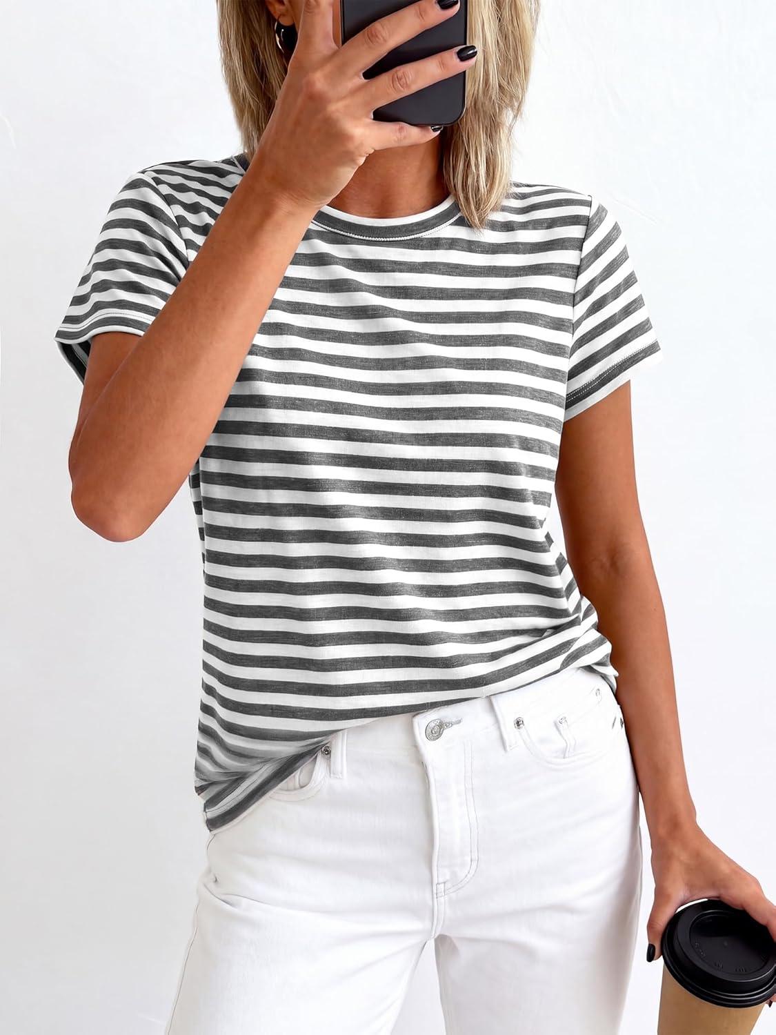 imageBTFBM Tops for Women Trendy Summer 2026 Crew Neck Short Sleeve T Shirts Striped Casual Vacation Blouse Loose Basic TeeGrey White