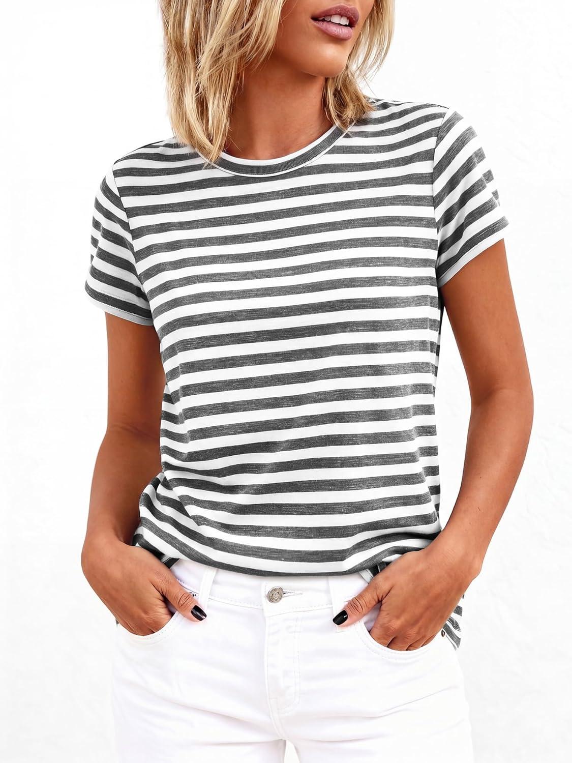 imageBTFBM Tops for Women Trendy Summer 2026 Crew Neck Short Sleeve T Shirts Striped Casual Vacation Blouse Loose Basic TeeGrey White
