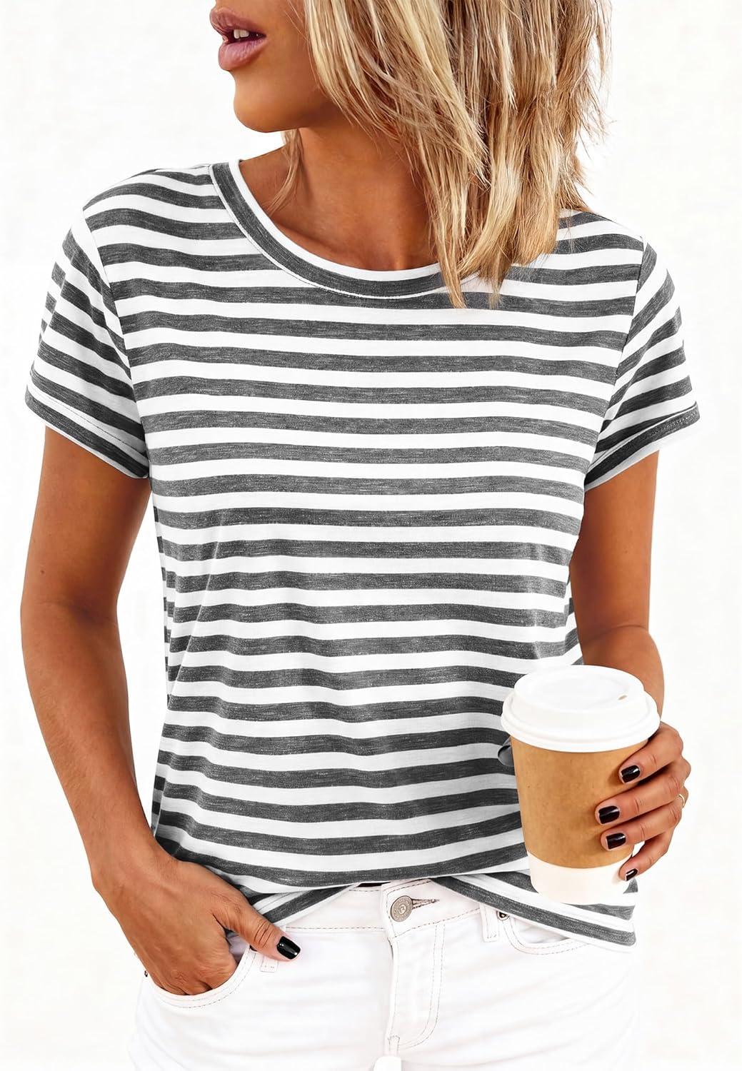 imageBTFBM Tops for Women Trendy Summer 2026 Crew Neck Short Sleeve T Shirts Striped Casual Vacation Blouse Loose Basic TeeGrey White