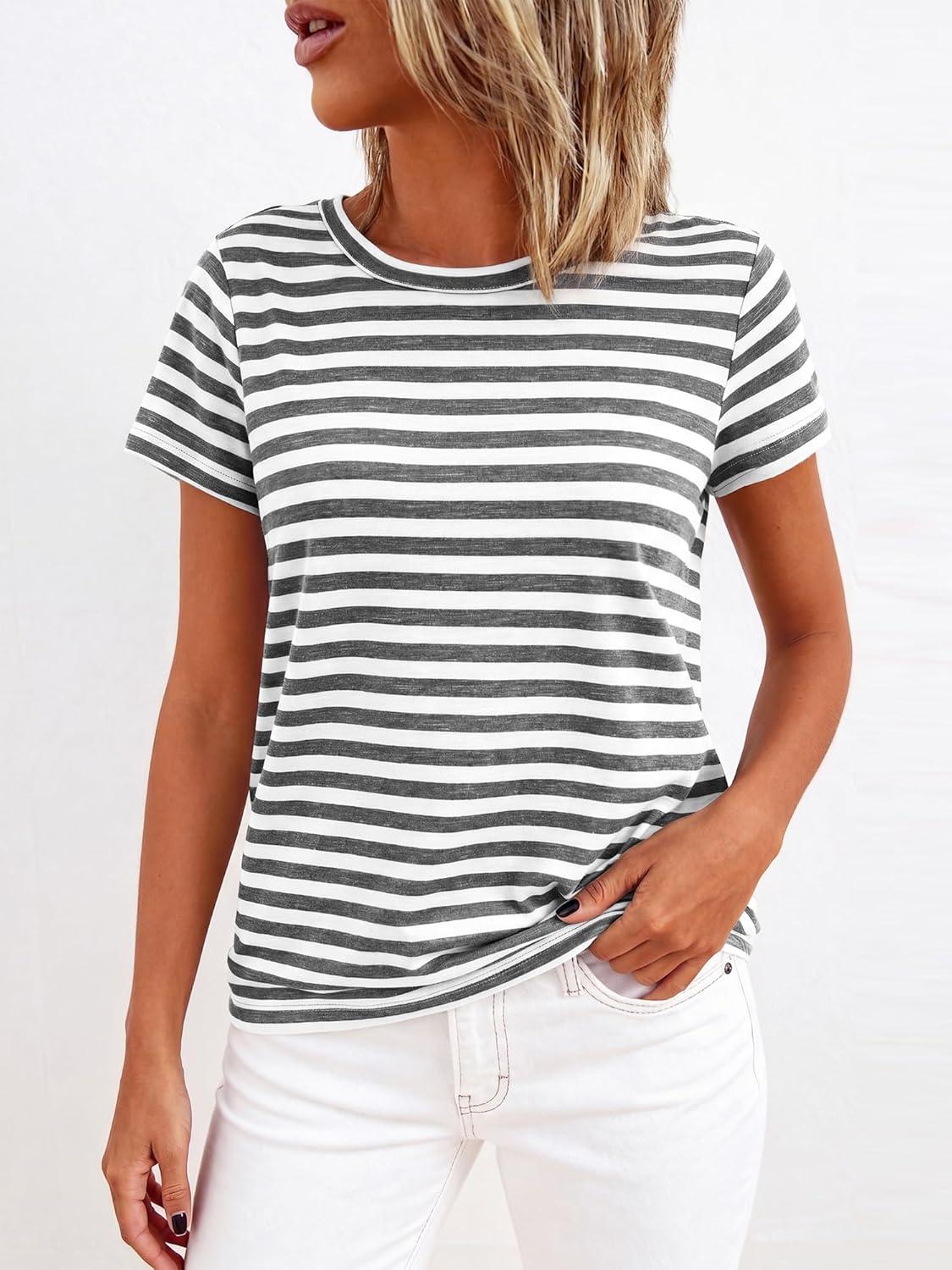 imageBTFBM Tops for Women Trendy Summer 2026 Crew Neck Short Sleeve T Shirts Striped Casual Vacation Blouse Loose Basic TeeGrey White