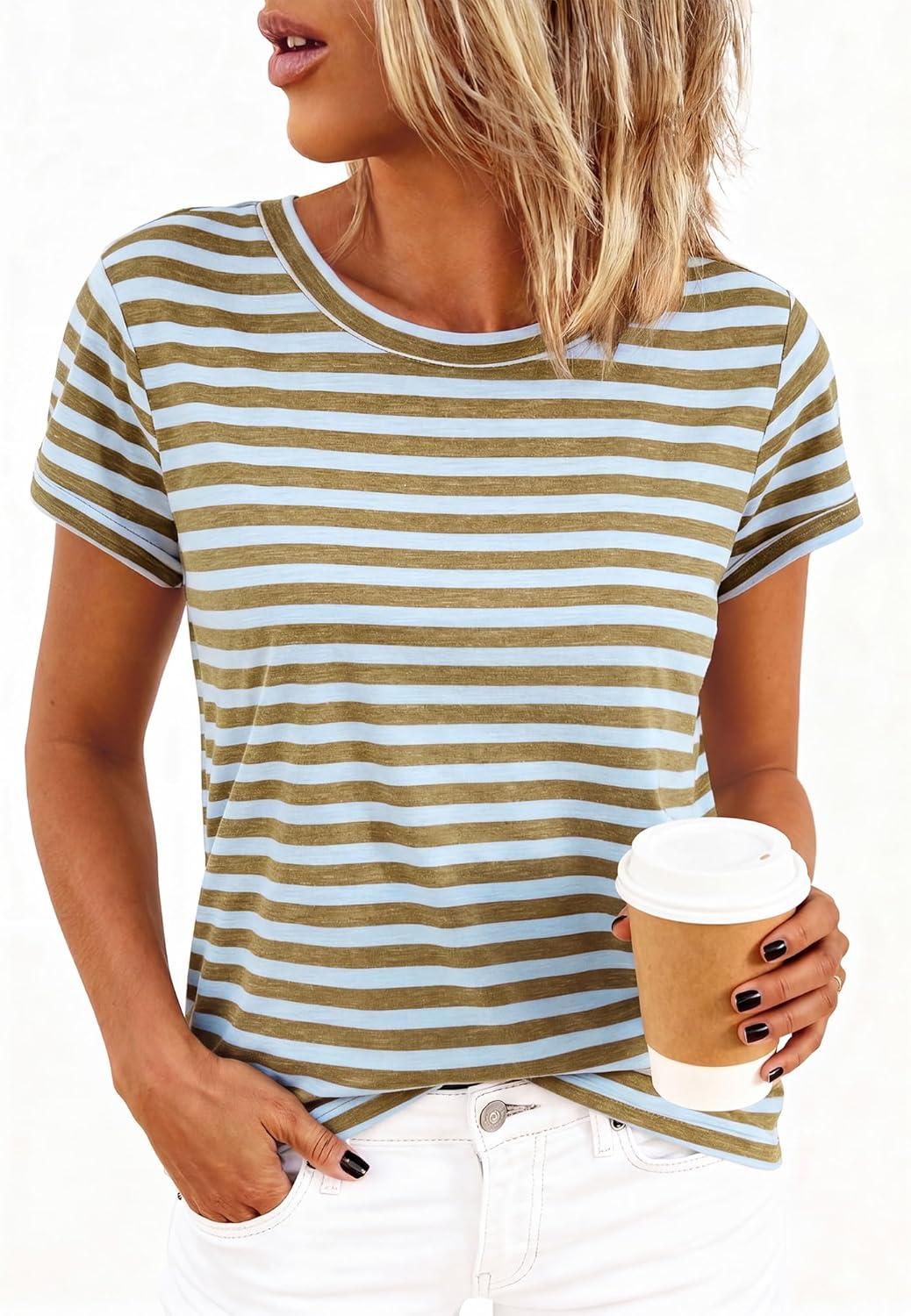 imageBTFBM Tops for Women Trendy Summer 2026 Crew Neck Short Sleeve T Shirts Striped Casual Vacation Blouse Loose Basic TeeLight Blue Khaki