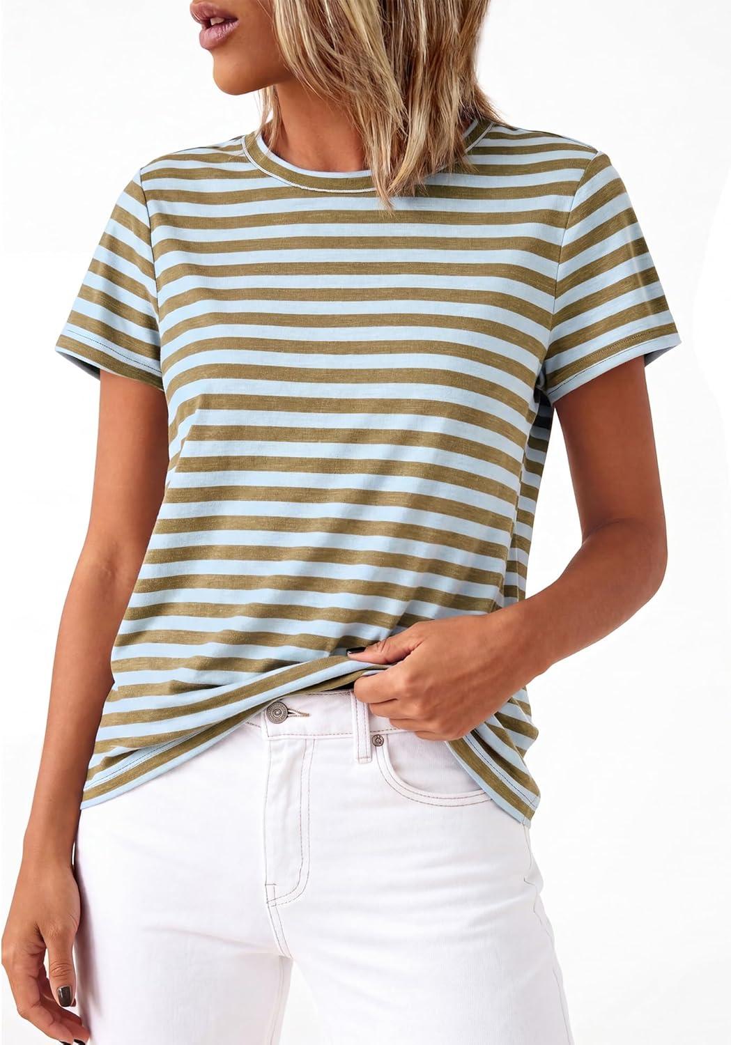 imageBTFBM Tops for Women Trendy Summer 2026 Crew Neck Short Sleeve T Shirts Striped Casual Vacation Blouse Loose Basic TeeLight Blue Khaki