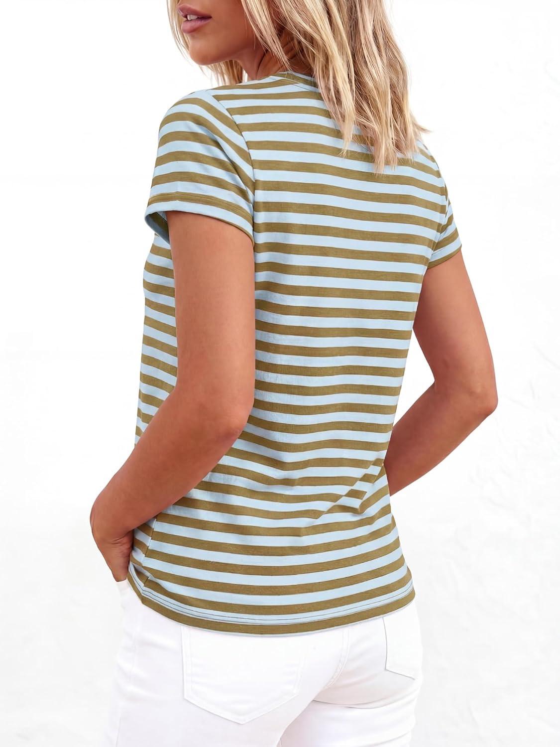 imageBTFBM Tops for Women Trendy Summer 2026 Crew Neck Short Sleeve T Shirts Striped Casual Vacation Blouse Loose Basic TeeLight Blue Khaki