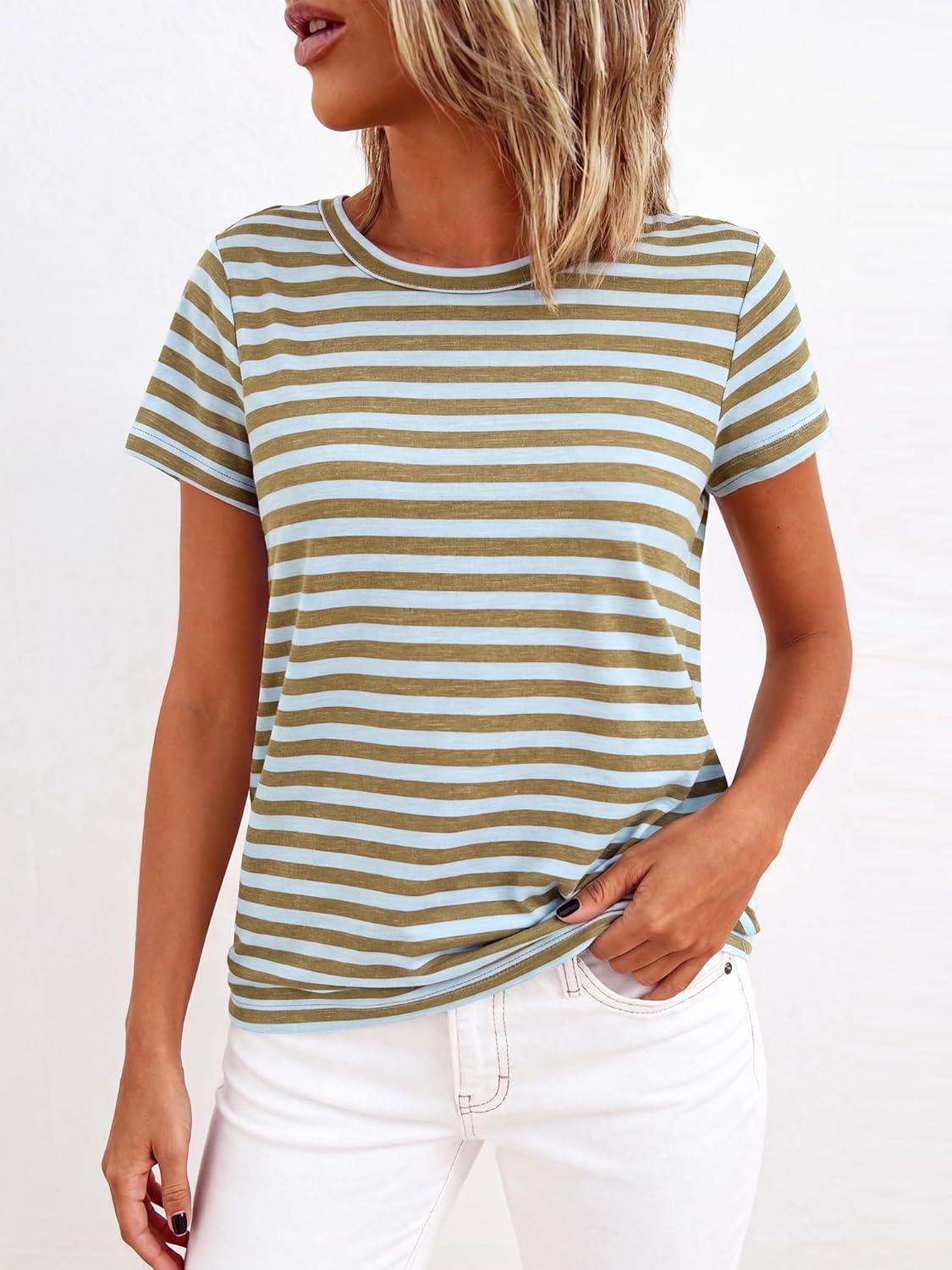 imageBTFBM Tops for Women Trendy Summer 2026 Crew Neck Short Sleeve T Shirts Striped Casual Vacation Blouse Loose Basic TeeLight Blue Khaki