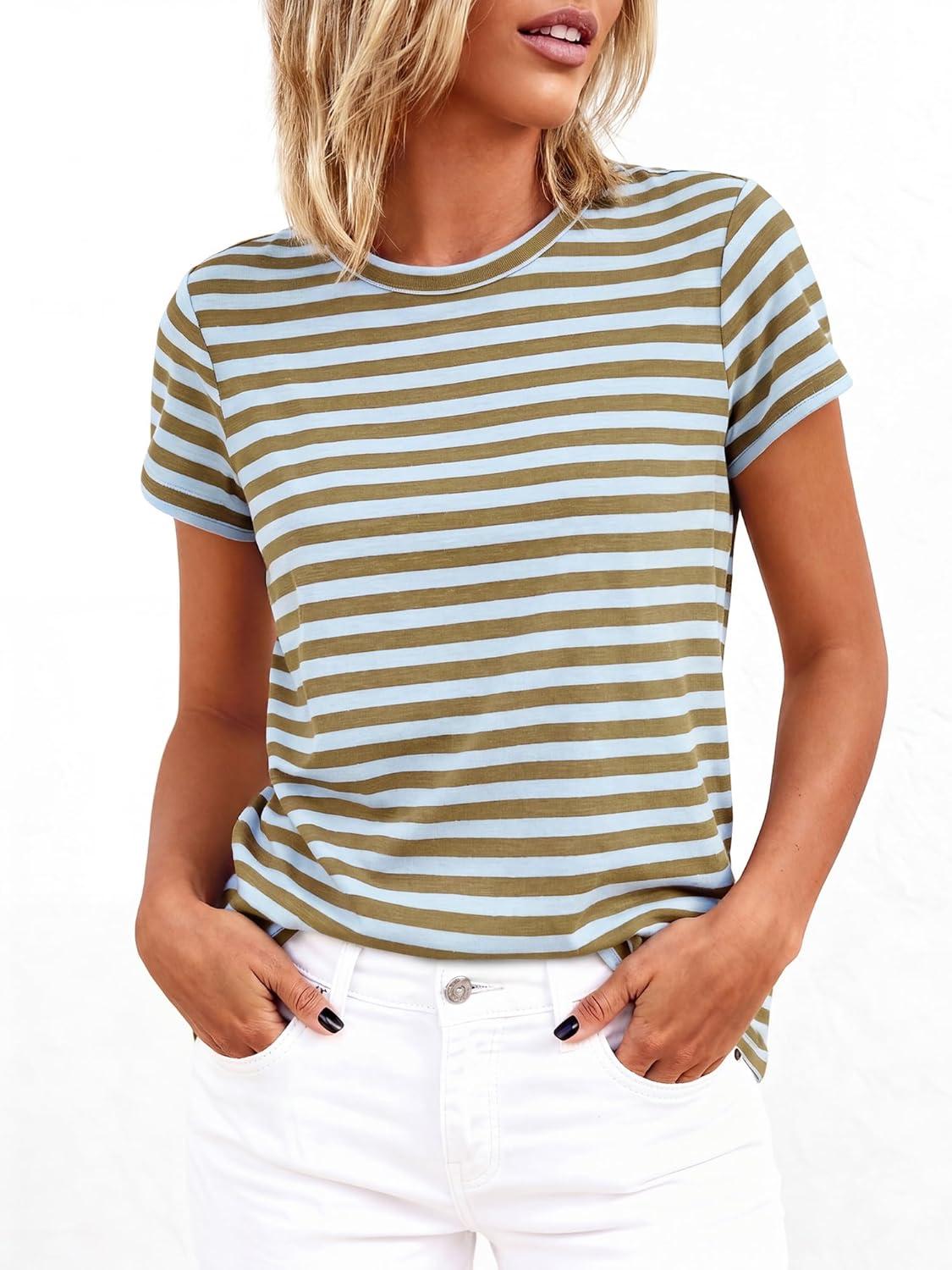 imageBTFBM Tops for Women Trendy Summer 2026 Crew Neck Short Sleeve T Shirts Striped Casual Vacation Blouse Loose Basic TeeLight Blue Khaki