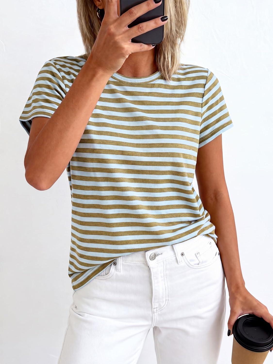 imageBTFBM Tops for Women Trendy Summer 2026 Crew Neck Short Sleeve T Shirts Striped Casual Vacation Blouse Loose Basic TeeLight Blue Khaki