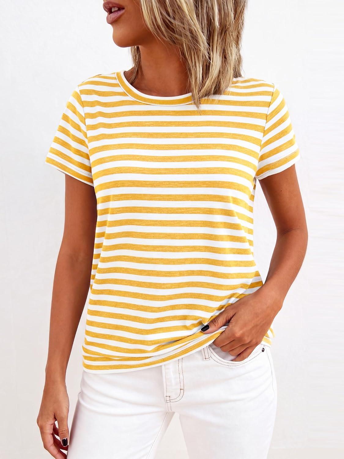imageBTFBM Tops for Women Trendy Summer 2026 Crew Neck Short Sleeve T Shirts Striped Casual Vacation Blouse Loose Basic TeeYellow White