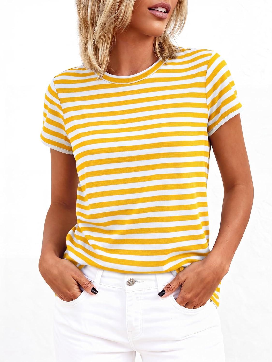 imageBTFBM Tops for Women Trendy Summer 2026 Crew Neck Short Sleeve T Shirts Striped Casual Vacation Blouse Loose Basic TeeYellow White