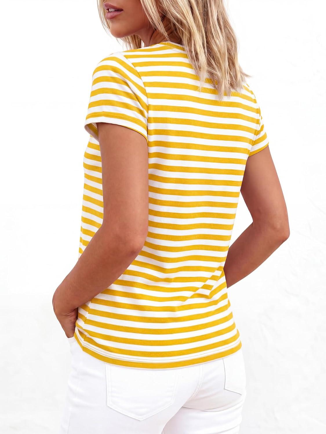 imageBTFBM Tops for Women Trendy Summer 2026 Crew Neck Short Sleeve T Shirts Striped Casual Vacation Blouse Loose Basic TeeYellow White