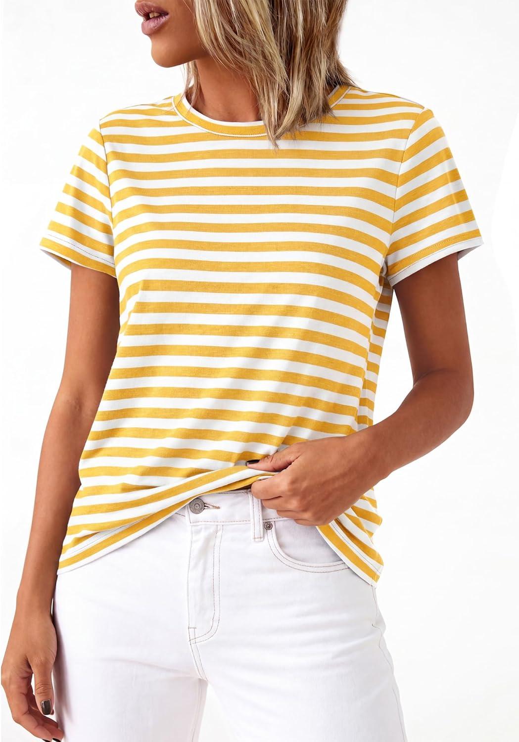 imageBTFBM Tops for Women Trendy Summer 2026 Crew Neck Short Sleeve T Shirts Striped Casual Vacation Blouse Loose Basic TeeYellow White