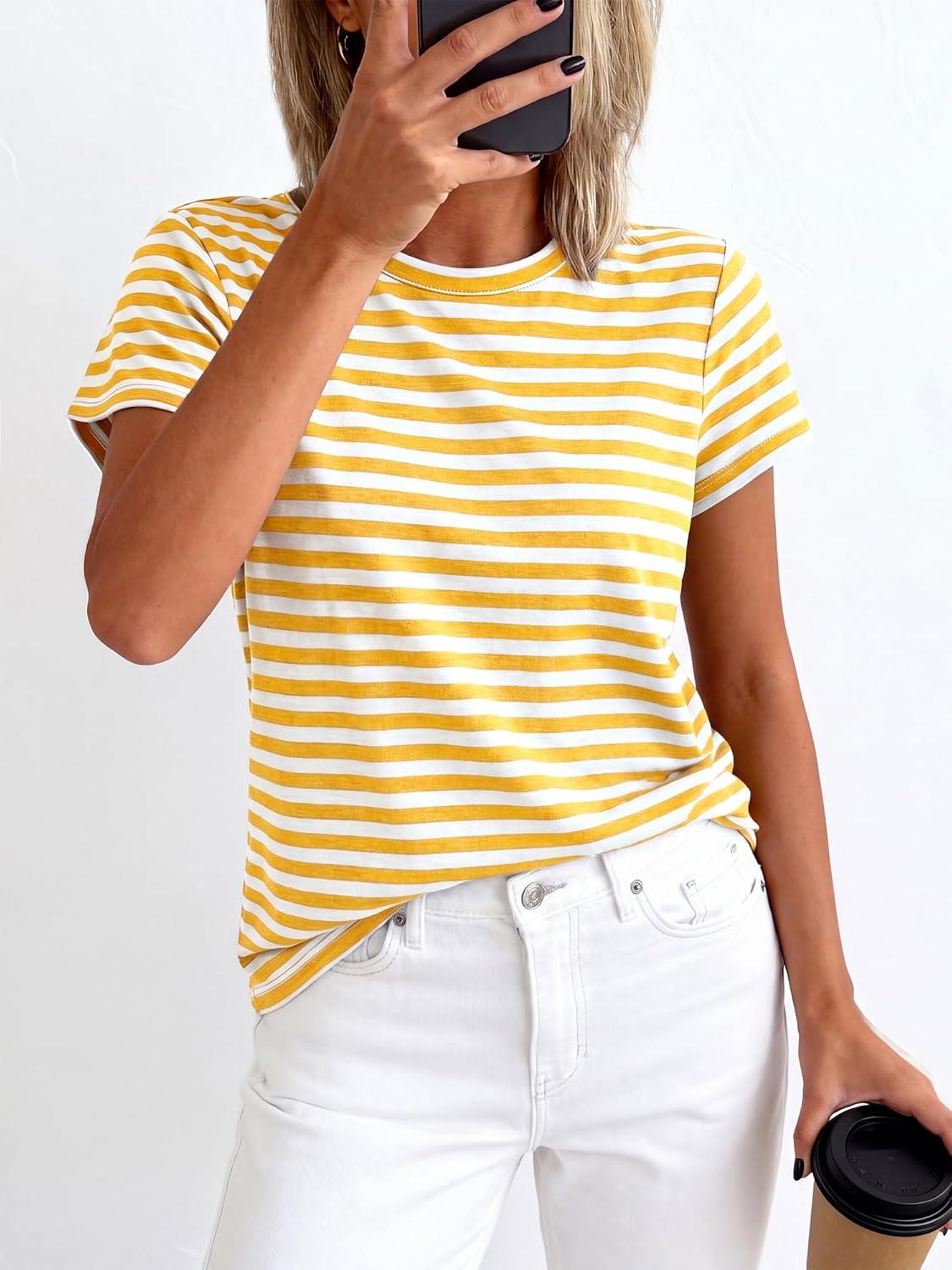 imageBTFBM Tops for Women Trendy Summer 2026 Crew Neck Short Sleeve T Shirts Striped Casual Vacation Blouse Loose Basic TeeYellow White