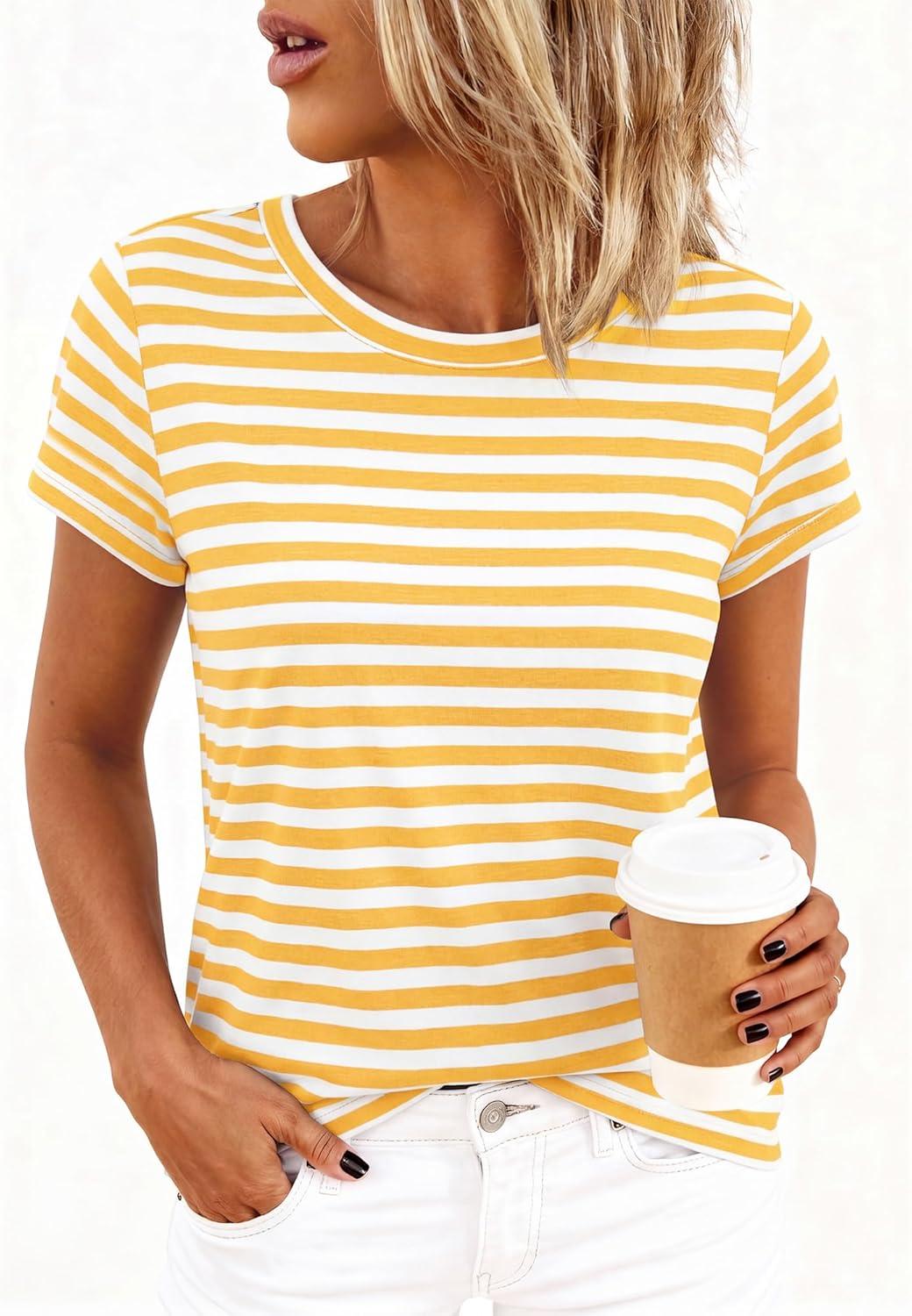 imageBTFBM Tops for Women Trendy Summer 2026 Crew Neck Short Sleeve T Shirts Striped Casual Vacation Blouse Loose Basic TeeYellow White
