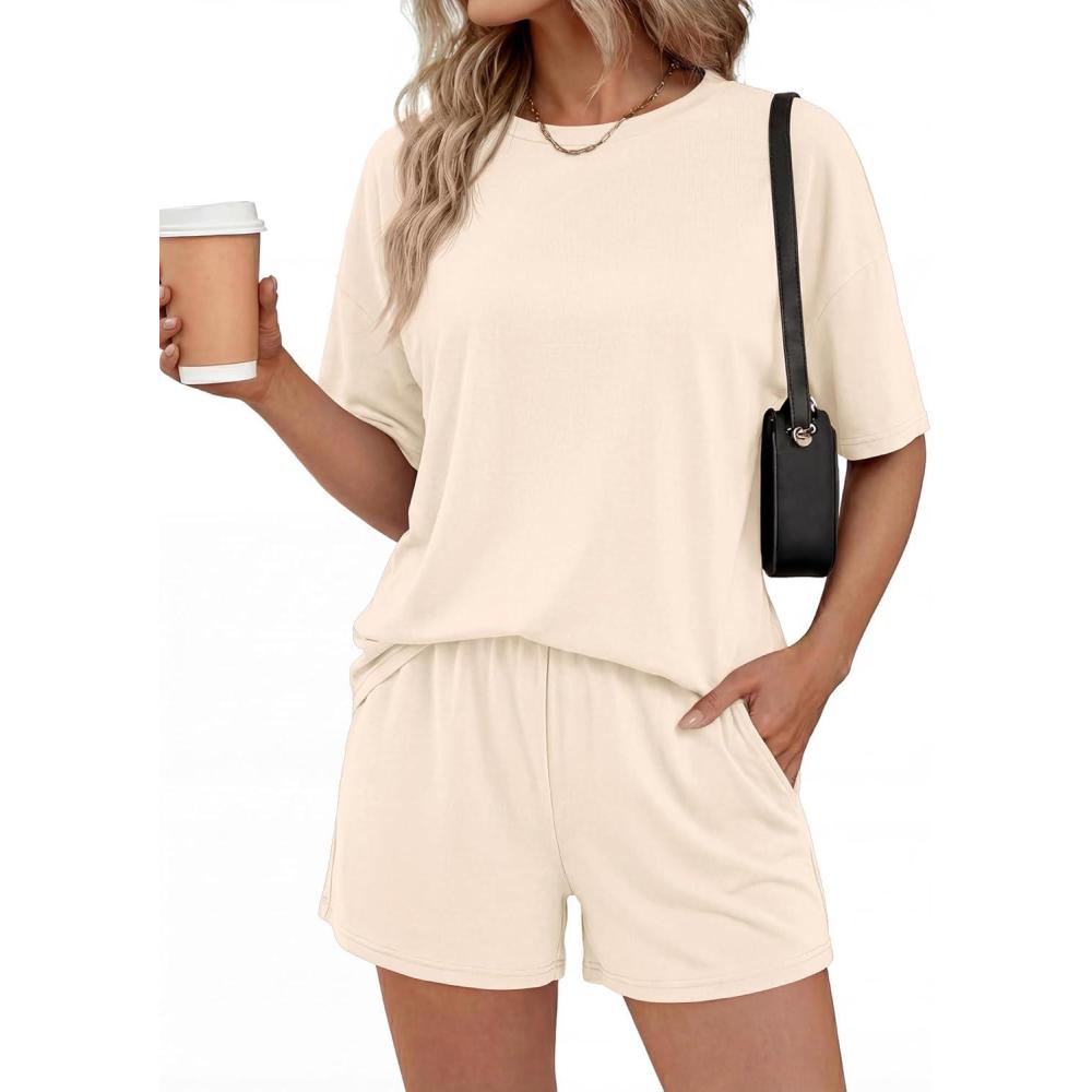 imageBTFBM 2 Piece Lounge Sets For Women 2026 Summer Airport Travel Vacation Outfits Loose Matching Clothing Spring Short SetBeige