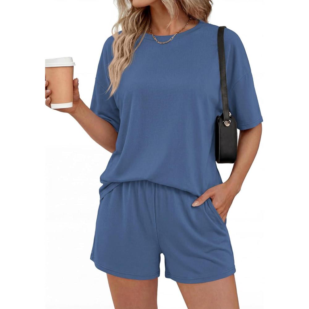 imageBTFBM 2 Piece Lounge Sets For Women 2026 Summer Airport Travel Vacation Outfits Loose Matching Clothing Spring Short SetGrey Blue