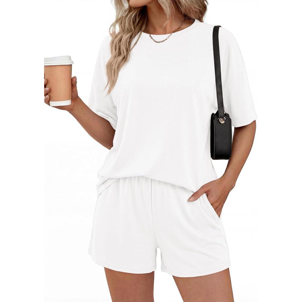 imageBTFBM 2 Piece Lounge Sets For Women 2026 Summer Airport Travel Vacation Outfits Loose Matching Clothing Spring Short SetWhite