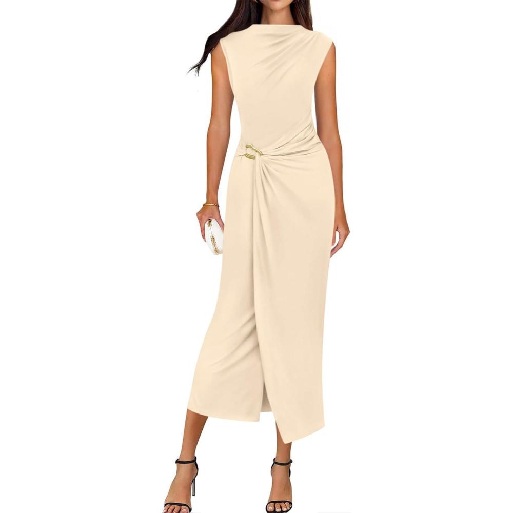 imageBTFBM Dresses for Women 2026 Summer Clothes Formal Bodycon Mock Neck Cap Sleeve Midi Party Cocktail Wedding Guest DressBeige