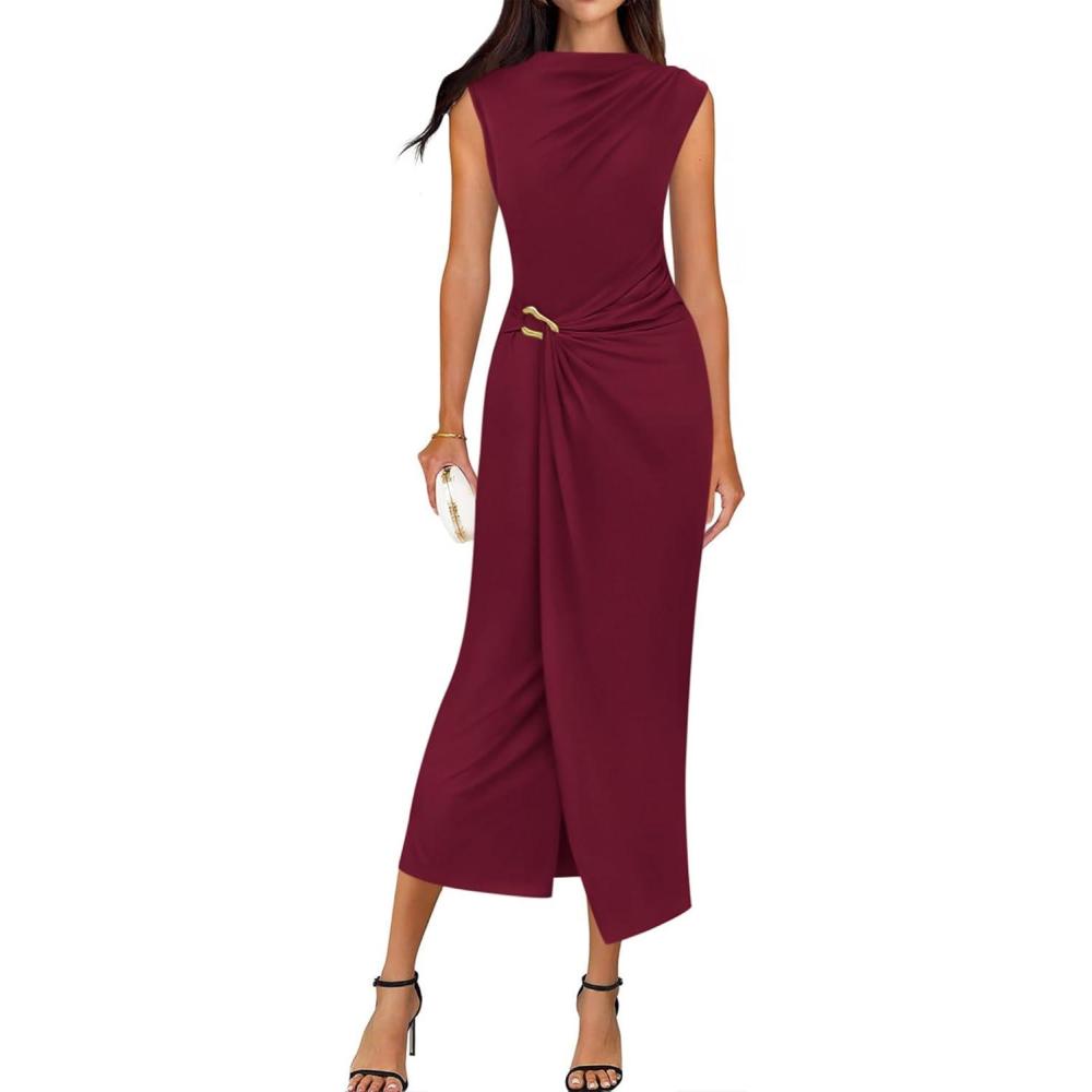 imageBTFBM Dresses for Women 2026 Summer Clothes Formal Bodycon Mock Neck Cap Sleeve Midi Party Cocktail Wedding Guest DressBurgundy