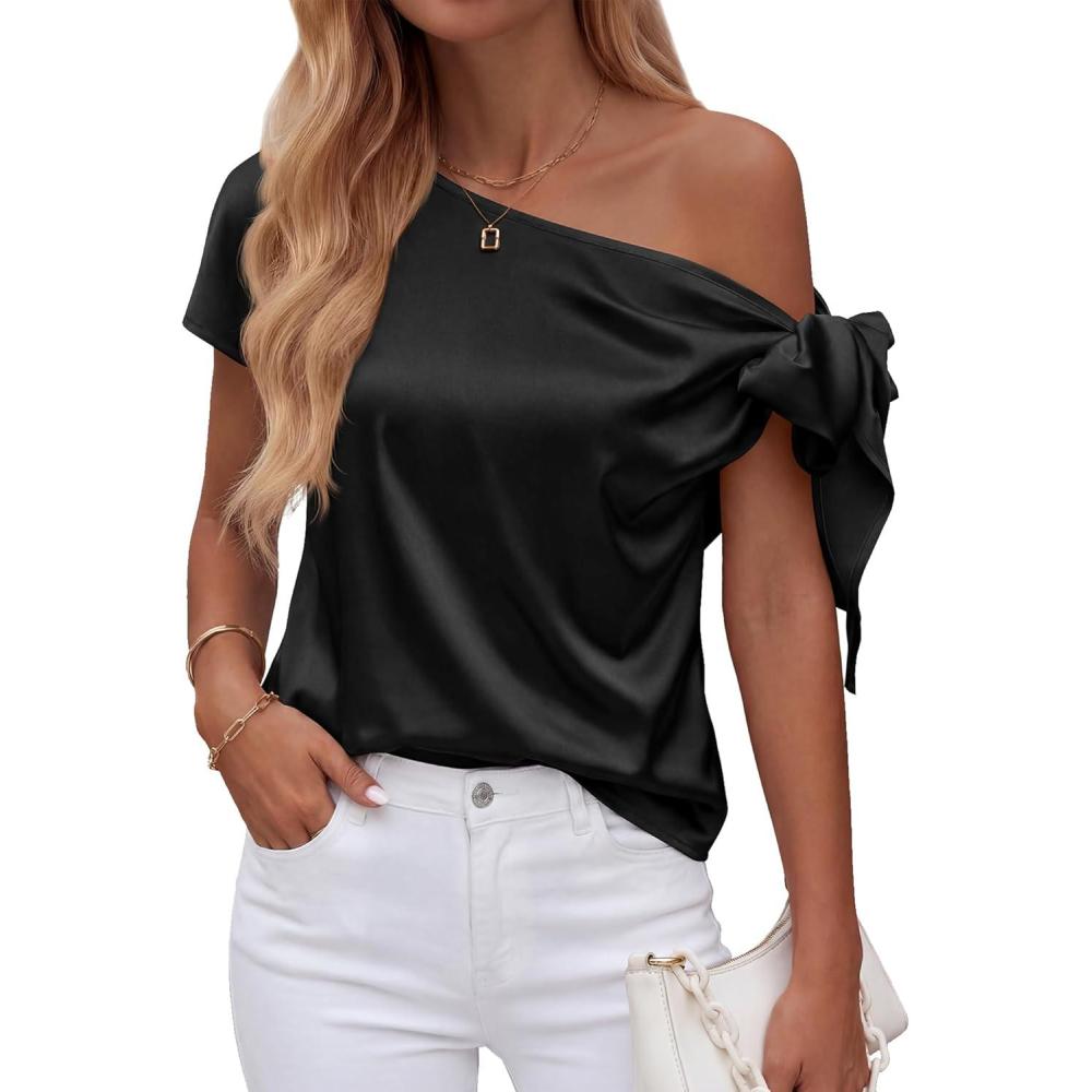 imageBTFBM Off The Shoulder Tops for Women Summer 2026 Short Sleeve Satin Blouse Shirts Silk Y2K Going Out Top Beach VacationBlack