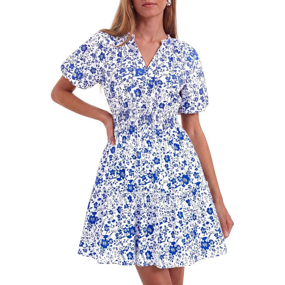 imageBTFBM Summer Mini Dresses for Women 2026 Ruffle Short Sleeve Elastic Waist Floral Beach Vacation Wedding Guest DressWhite Blue Flower