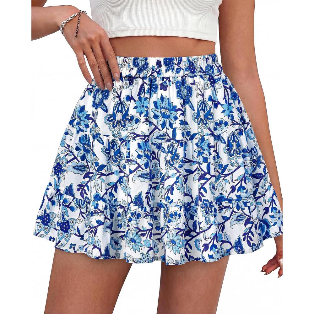 imageBTFBM Summer Skirts for Women 2026 Floral High Waist Shorts Underneath Boho Tiered Flowy Tennis Skorts Casual Mini SkirtFloral White Blue
