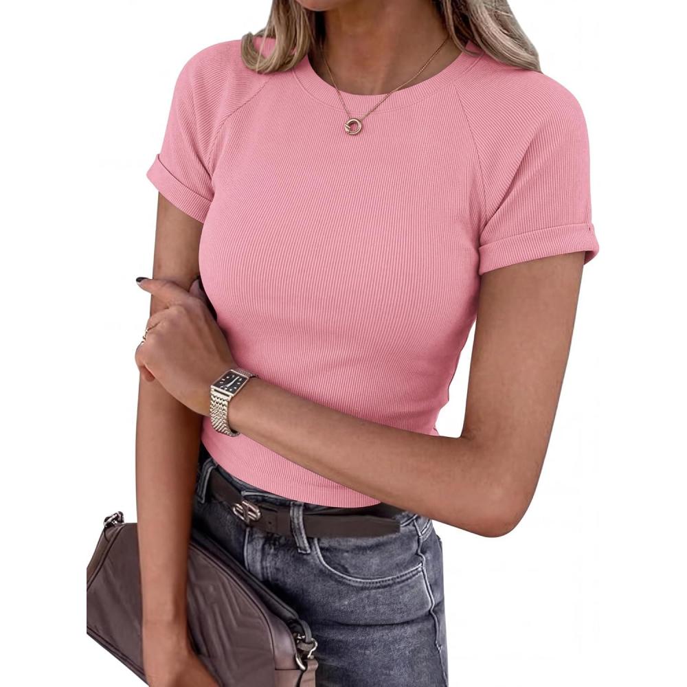 imageBTFBM Summer Tops for Women 2026 Crew Neck Rolled Sleeve T Shirts Knit Slim Basic Casual Spring Top Workout Y2k ClothesDusty Pink