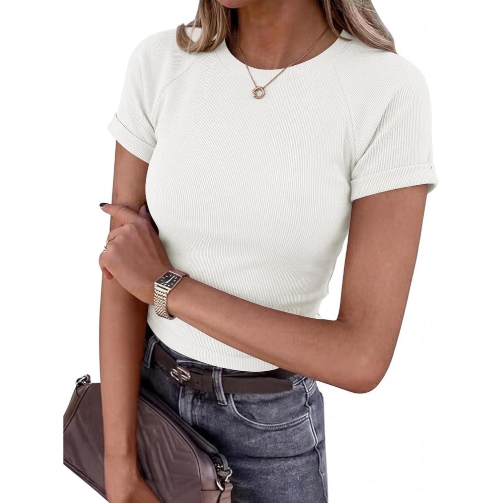 imageBTFBM Summer Tops for Women 2026 Crew Neck Rolled Sleeve T Shirts Knit Slim Basic Casual Spring Top Workout Y2k ClothesWhite
