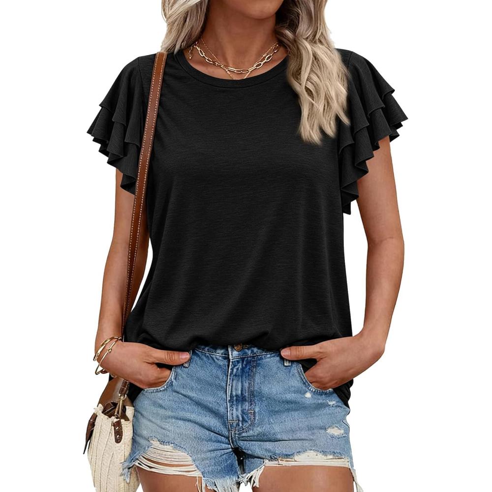 imageBTFBM Summer Tops for Women 2026 Crew Neck Ruffle Short Sleeve Shirts Loose Tunic Casual Spring BlousesBlack