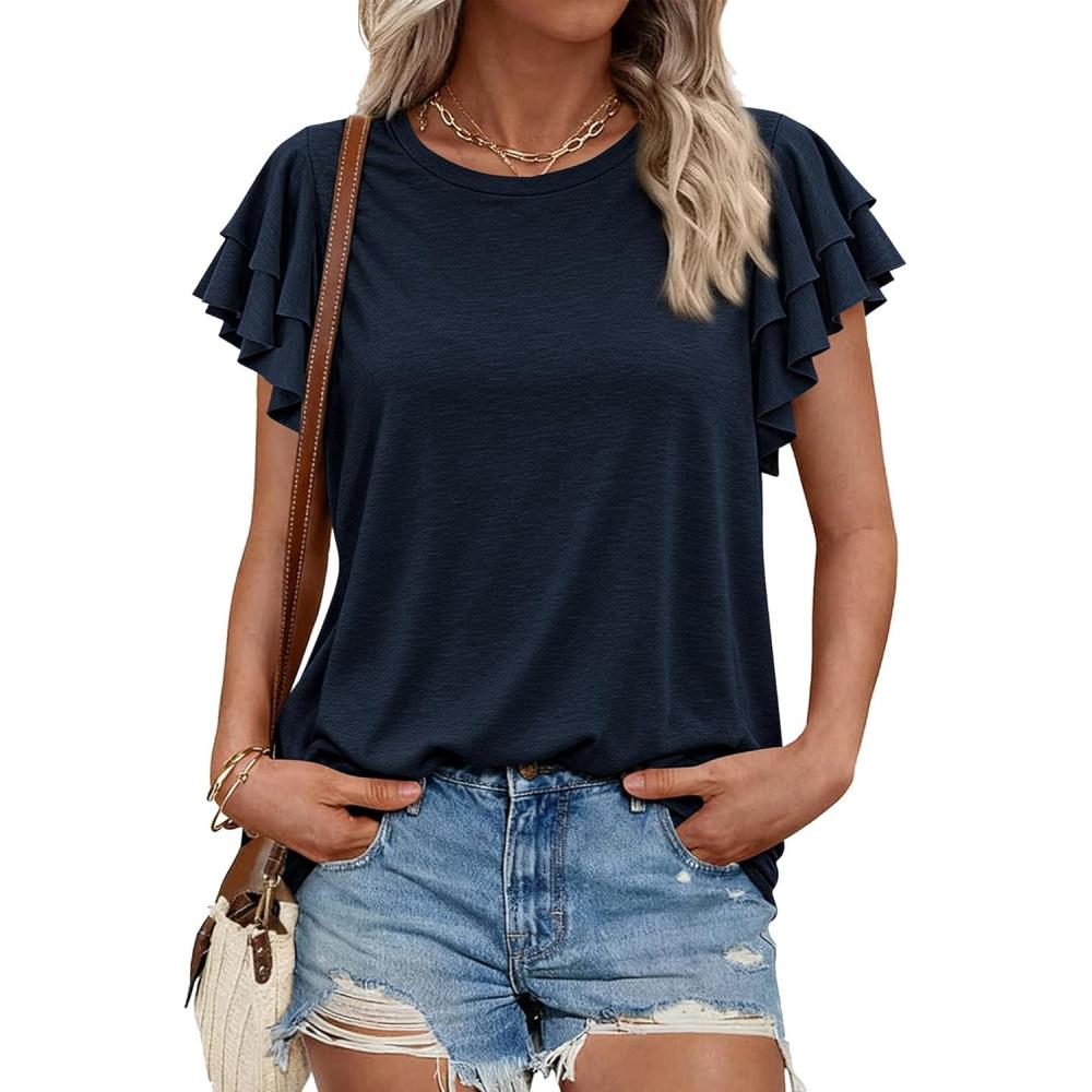 imageBTFBM Summer Tops for Women 2026 Crew Neck Ruffle Short Sleeve Shirts Loose Tunic Casual Spring BlousesNavy Blue