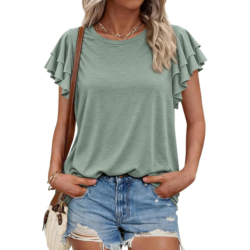 imageBTFBM Summer Tops for Women 2026 Crew Neck Ruffle Short Sleeve Shirts Loose Tunic Casual Spring BlousesSage Green