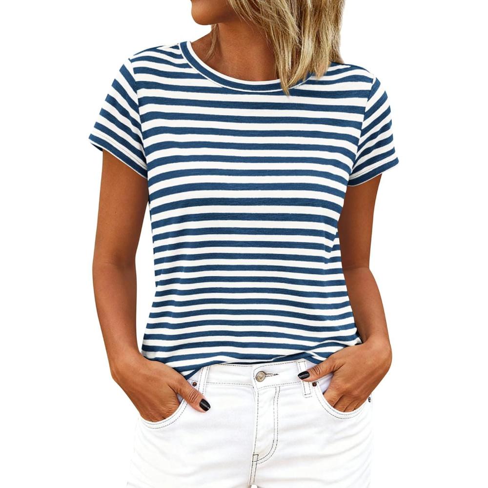 imageBTFBM Tops for Women Trendy Summer 2026 Crew Neck Short Sleeve T Shirts Striped Casual Vacation Blouse Loose Basic TeeDark Blue White