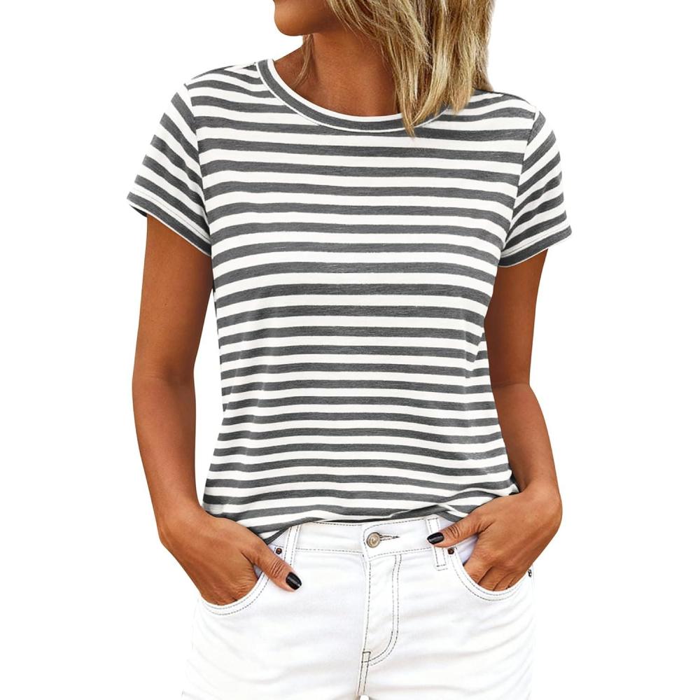 imageBTFBM Tops for Women Trendy Summer 2026 Crew Neck Short Sleeve T Shirts Striped Casual Vacation Blouse Loose Basic TeeGrey White