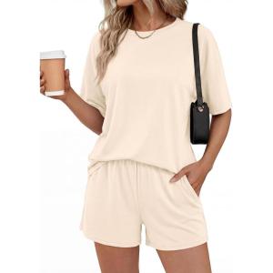 BTFBM 2 Piece Lounge Sets For Women 2026 Summer Airport Travel Vacation Outfits Loose Matching Clothing Spring Short Set(Beige)